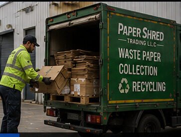 Paper Shred staff loading cardboard onto a green recycling truck at a commercial site