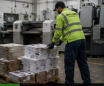 Paper Shred staff collecting paper from a printing press