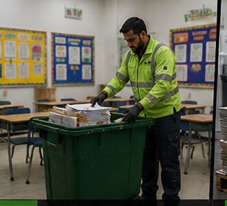 Paper Shred staff collecting waste paper from a school classroom