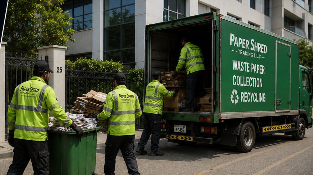Paper Shred staff loading a green collection truck outside a residential building