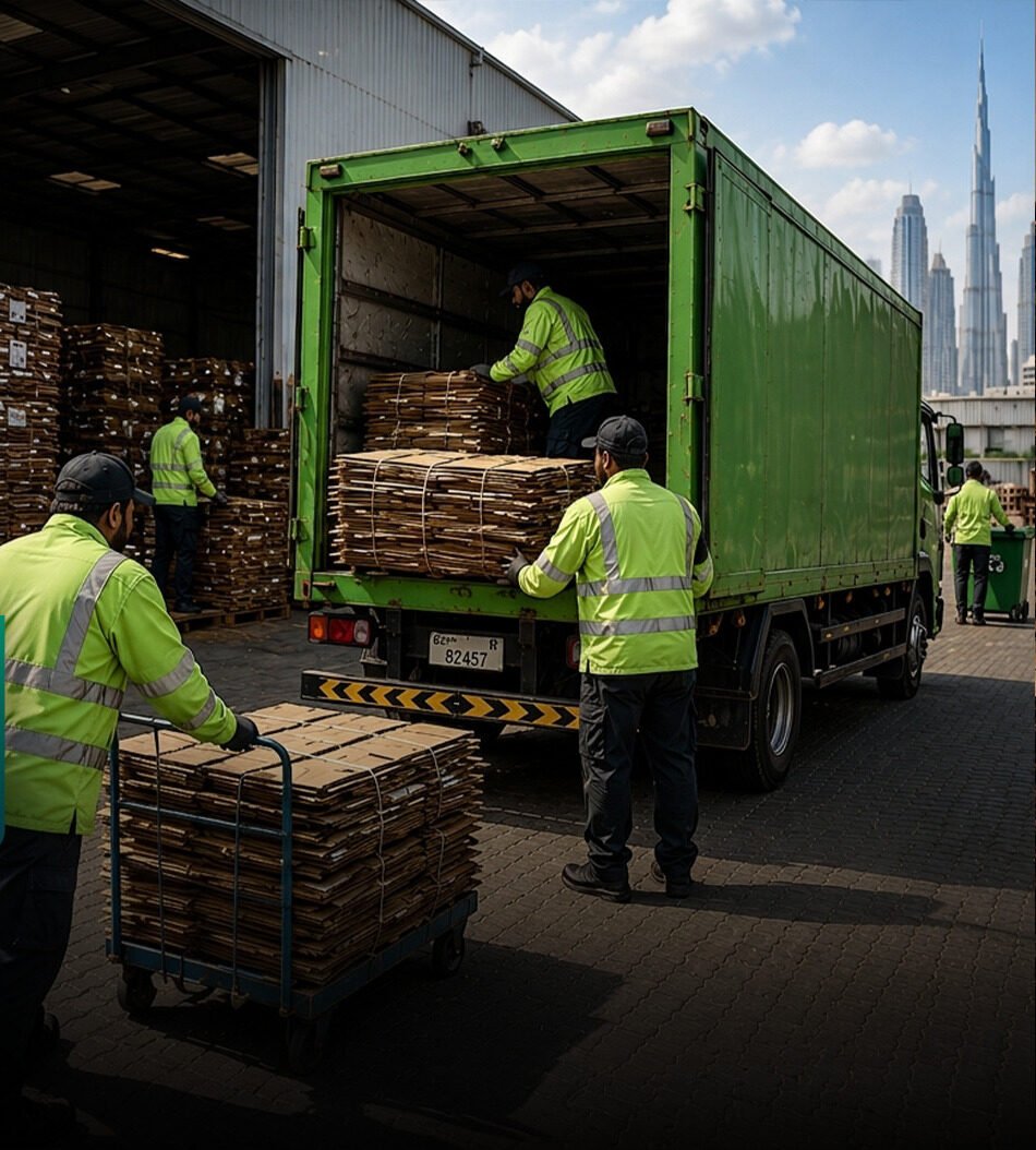 Paper Shred Trading team loading cardboard bales onto a green collection truck, Dubai skyline behind
