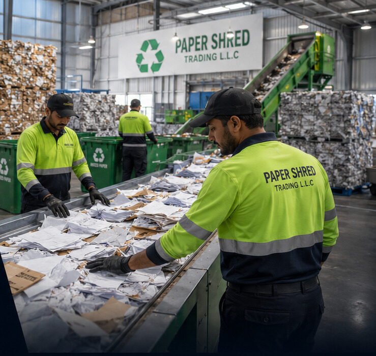 Paper Shred Trading staff manually sorting mixed paper on the warehouse conveyor