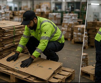 Paper Shred worker manually flattening cardboard