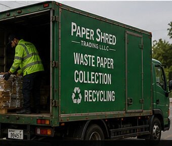 Worker loading bundles into a green Paper Shred collection truck