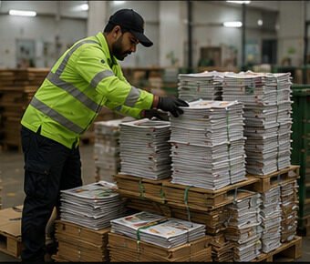 Neatly stacked sorted paper bundles