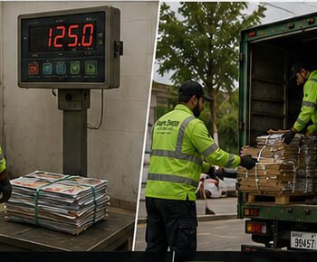 Worker weighing a bundle on an industrial scale reading 125.0 kg