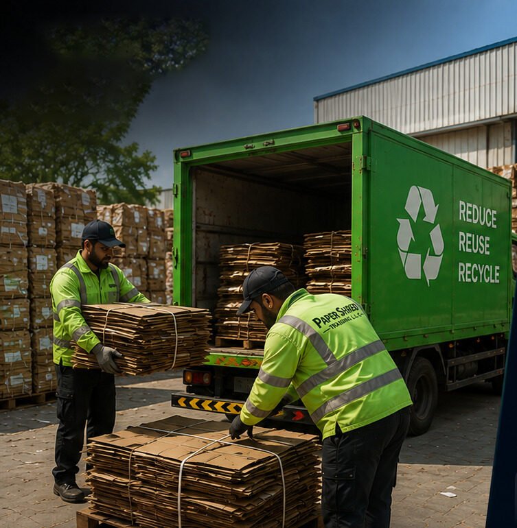 Paper Shred Trading staff loading cardboard bundles onto a green truck marked Reduce Reuse Recycle
