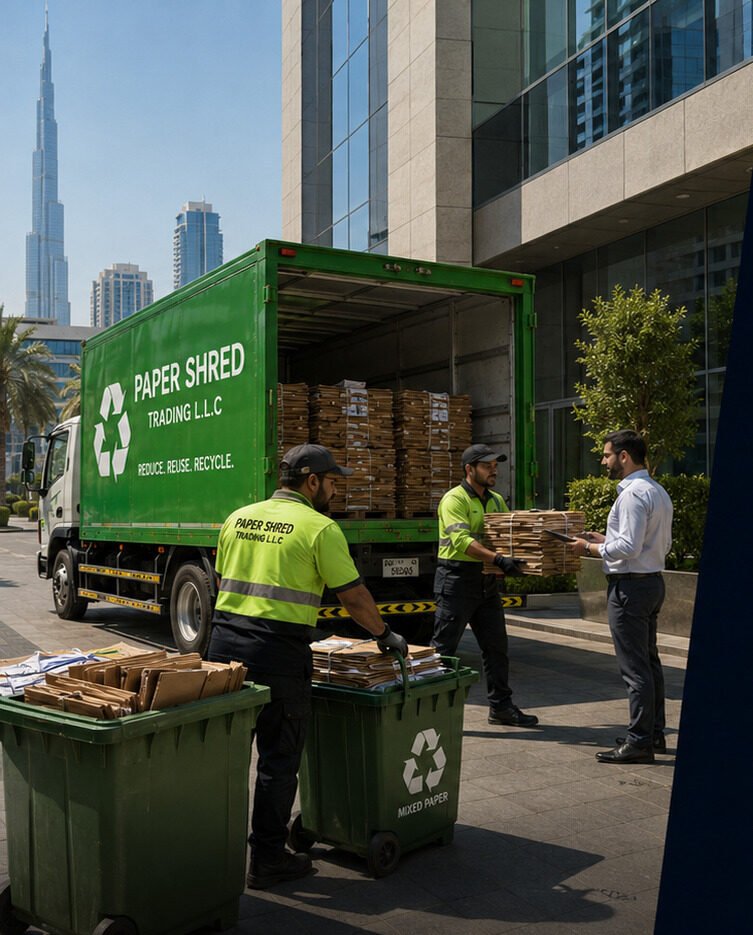 Paper Shred Trading team collecting mixed paper bins outside a Dubai office tower, Burj Khalifa in the background